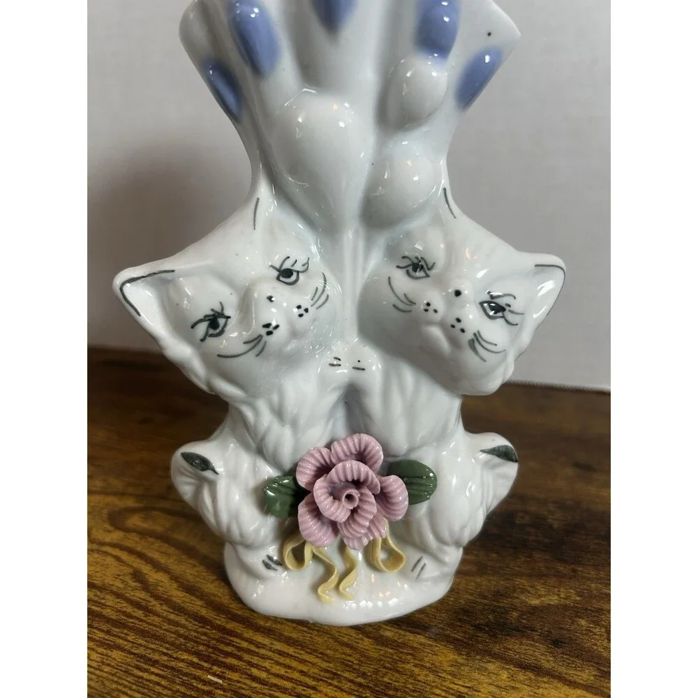 Vintage Sophia-Ann White Cat Vase Pink Roses Blue Accent Ceramic Figurine 7”